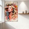 Vintage Retro Blonde Singer Metal Tin Sign Watercolor Splashes Red Yellow Orange Microphone Wall Plaque for Home Bar Cafe Man Ca