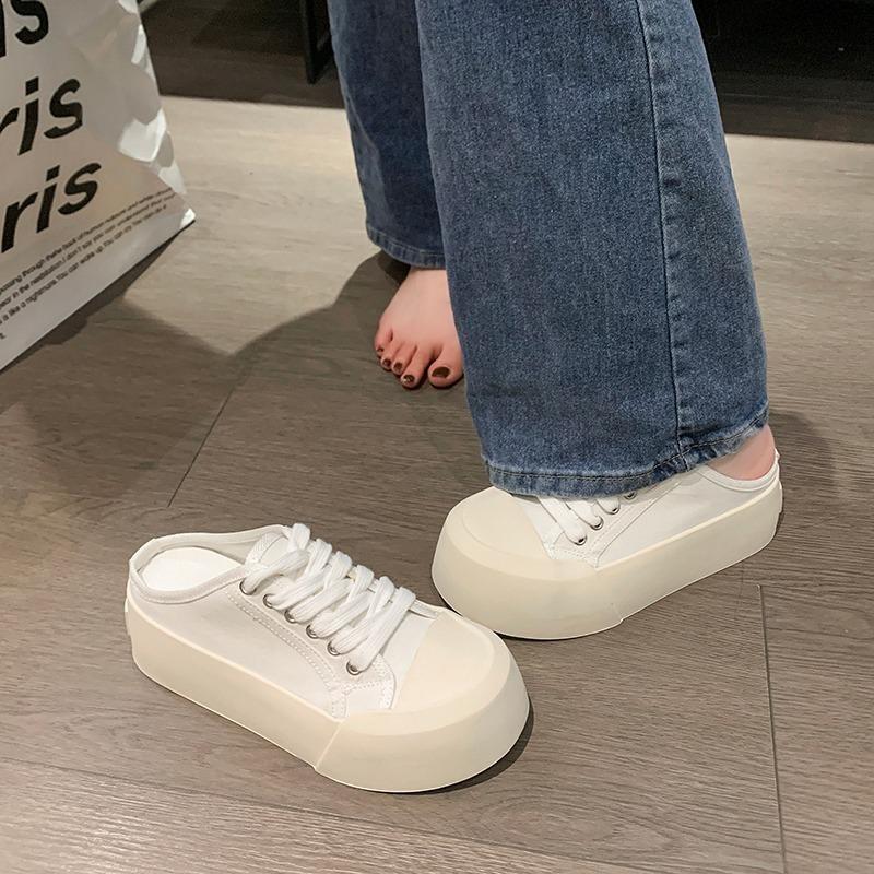 Fashion New Summer Women Slipper Pumps Canvas Skateboard Shoes Internal-increase High Heels Solid Casual Student Outside Female Slippers