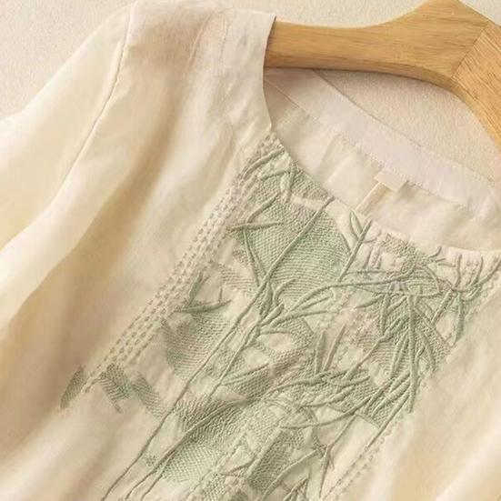 Women Tops Round Neck Short Sleeve Embroidery Bamboo Pattern Tee Shirt Solid Color Loose