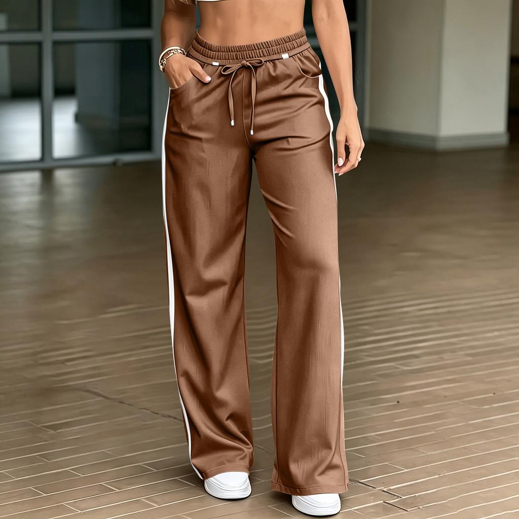 Women's High Waist Straight Leg Casual Pants with Tie Front and Patchwork - Loose Fit Color for Everyday Wear