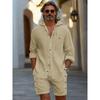 New-style Sports Shirt: Trendy Men’s Cotton-linen Hooded Plain-colour Long-sleeved Top and Shorts – Casual Beach and Holiday Set