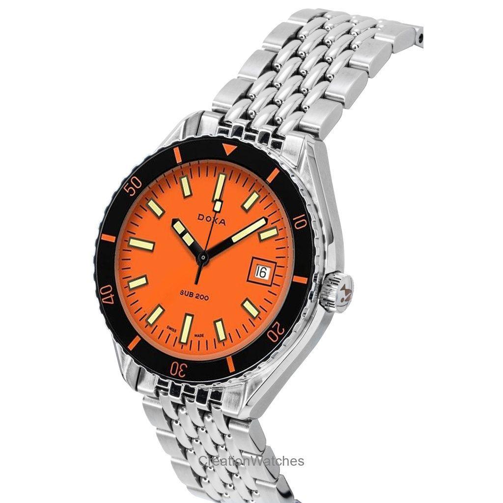 Doxa SUB 200 Profesjonell Rustfritt Stål Oransje Skive Automatisk Dykkerklokke 799.10.351.10 200M Herreklokke Med Ekstra Rem