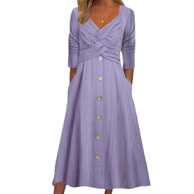 Spring and Autumn Women's Dress Solid Long Sleeve V-Neck Cross Button Casual Dress Long Dresses