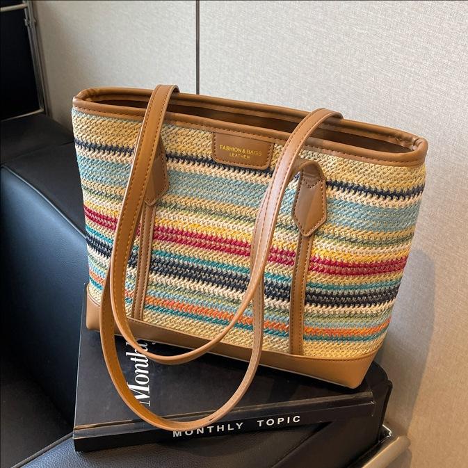 Wucifang Bags Women's Khaki Large Capacity Bag Fashion Casual Woven Bag Seaside Beach Shoulder Tote Bag