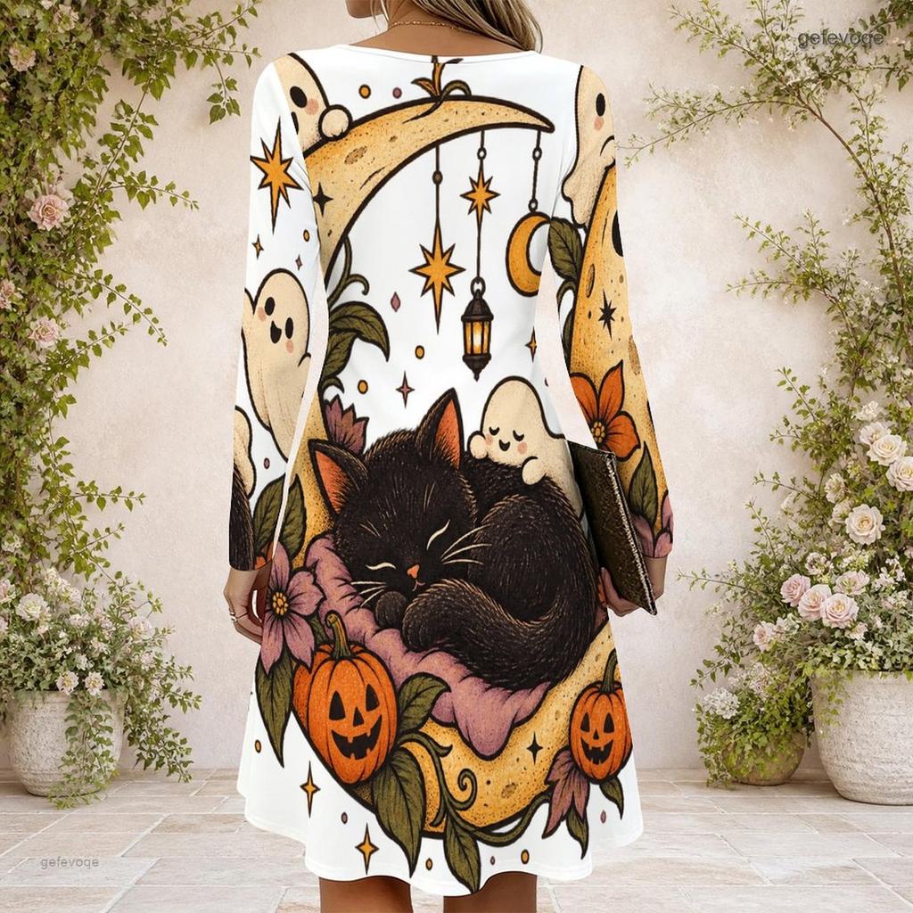 Women White Criss Cross V Neck Long Sleeve Curved Hem Printed Dress Cute Panda Ghost Halloween Pattern