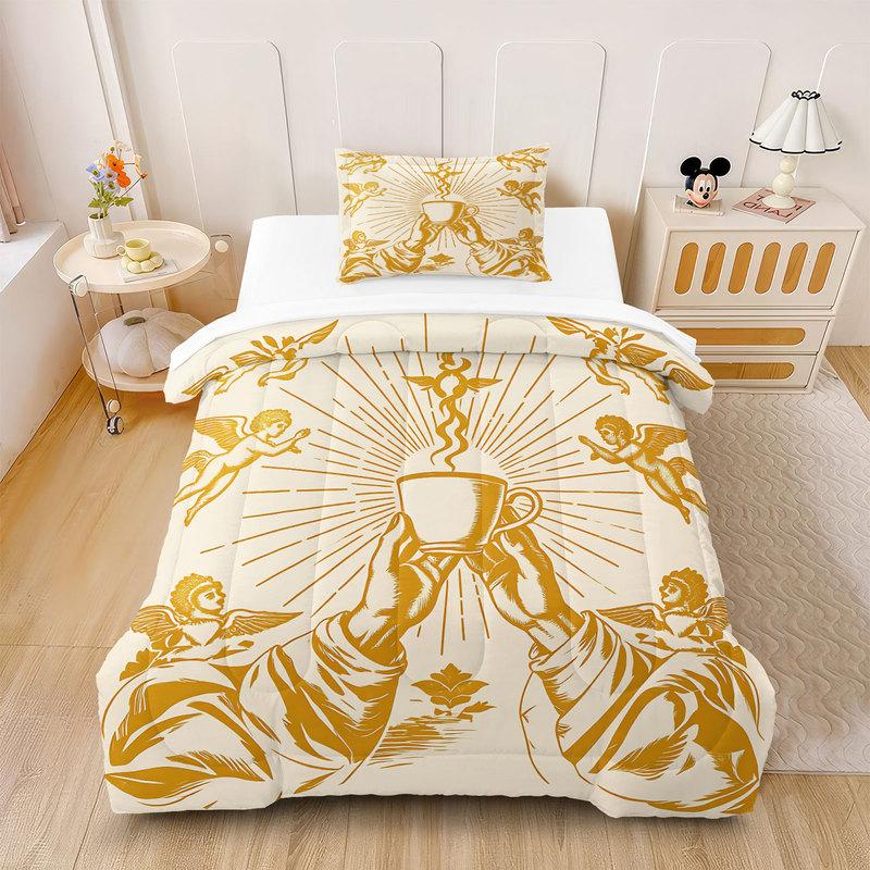 Unique Sacred Coffee Comforter Set Golden Sunburst Angel Hands Holding Coffee Cup Print Quilt Set Retro Bedding Set Home Decor