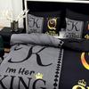 Super Soft Breathable Black Grey Color Blocking Crown Letter Duvet Cover Set At Home High Definition Printing Queen King Size