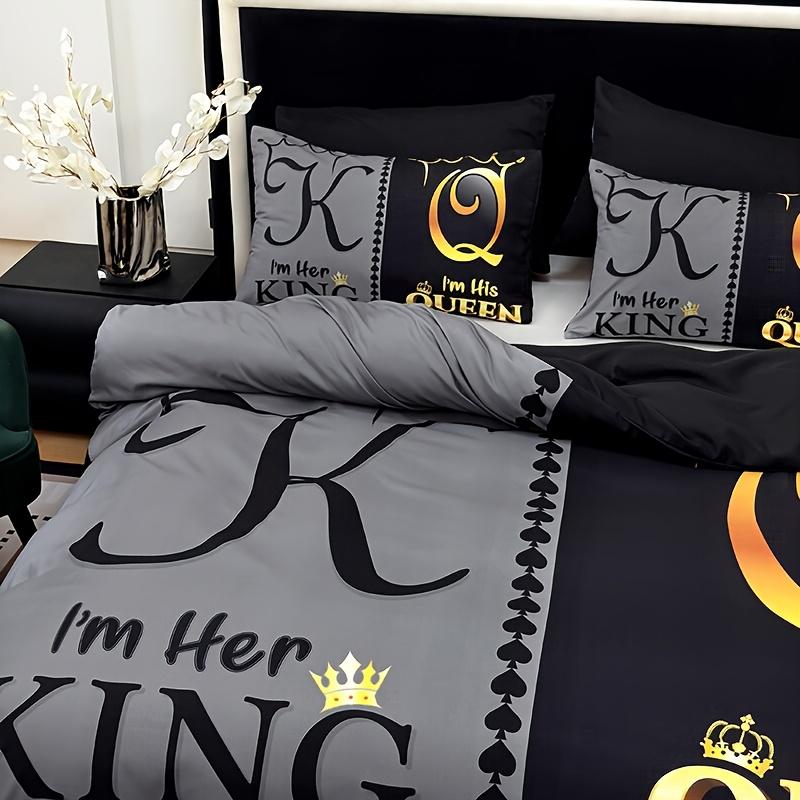 Super Soft Breathable Black Grey Color Blocking Crown Letter Duvet Cover Set At Home High Definition Printing Queen King Size