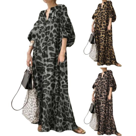 Lady Maxi Dress Leopard Print Stand Collar Oversized Half Sleeve Bohemian Style