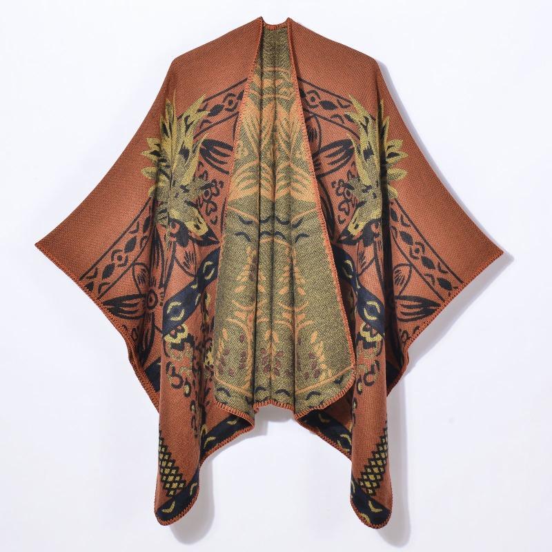 

Осень и зима ретро утолщенная теплая шаль накидка модный цветочный разрезной жаккардовый шарф 130x150cm