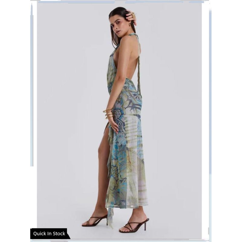 Jaded London Sex Sexy Sense Retro Print Beaded Low Cut Deep V-neck Backless Vacation Halterneck Long Dress
