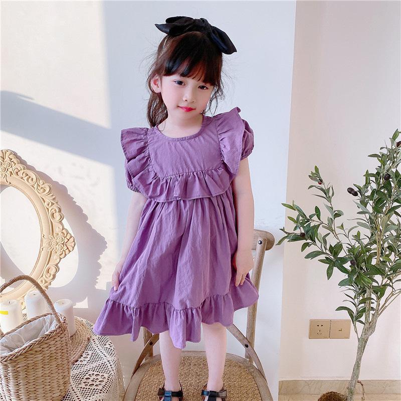 Girls' Dress Fashionable Children's Ruffled Puff Sleeve Purple Skirt