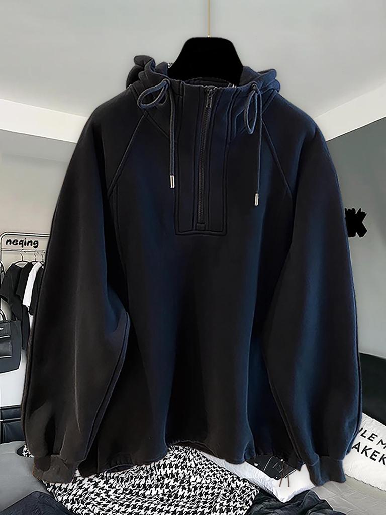 High-Quality Oversized Half-Zip Hoodie - Solid Color, Breathable Patchwork Design for Spring & Autumn