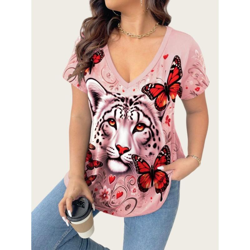 Women's Summer Short Sleeve T-Shirts V-Neck Tiger Printed Shirts Loose Plus Size Pullover Tops