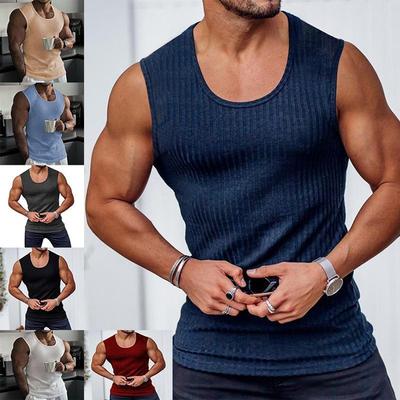 Rib Knitted Man Vests Summer Casual O-Neck Sleeveless Slim Stretch Sporty Tank Muscle Tops Fitness Clothing