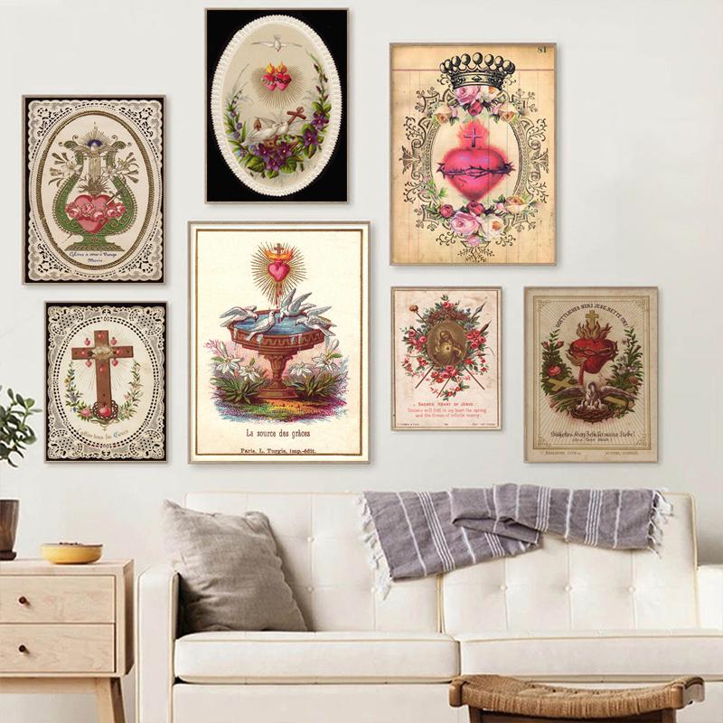 Vintage Sacred Heart of Jesus Poster Abstract Religion Canvas Painting Retro Flower Wall Art Picture For Home Decoration