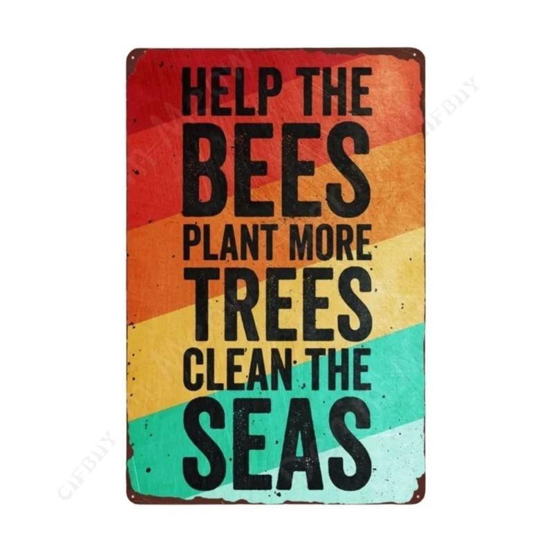 Bee Metal Wall Sign for Home Cafe Bar, Creative Tin Decor 30x20cm