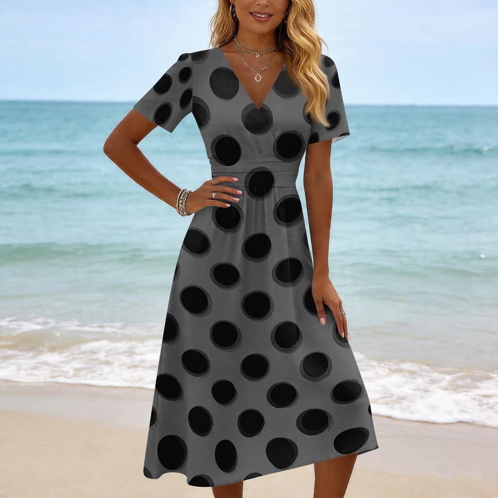 Robe midi à pois pour femme, col en V, manches courtes, pour le printemps, robes pour femme, robes d'été pour femme, robes longues pour femme, robes d'été pour femme