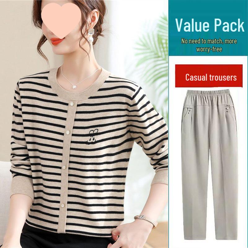 Mom's 2025 Autumn Striped Long-Sleeve Knit Sweater for Middle-Aged & Elderly Women
