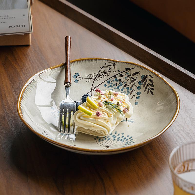 Vintage Flower Large 9-Inch Ceramic Plate Irregular Salad Plate Premium Sense Vegetable Bowl Soup Plate Export