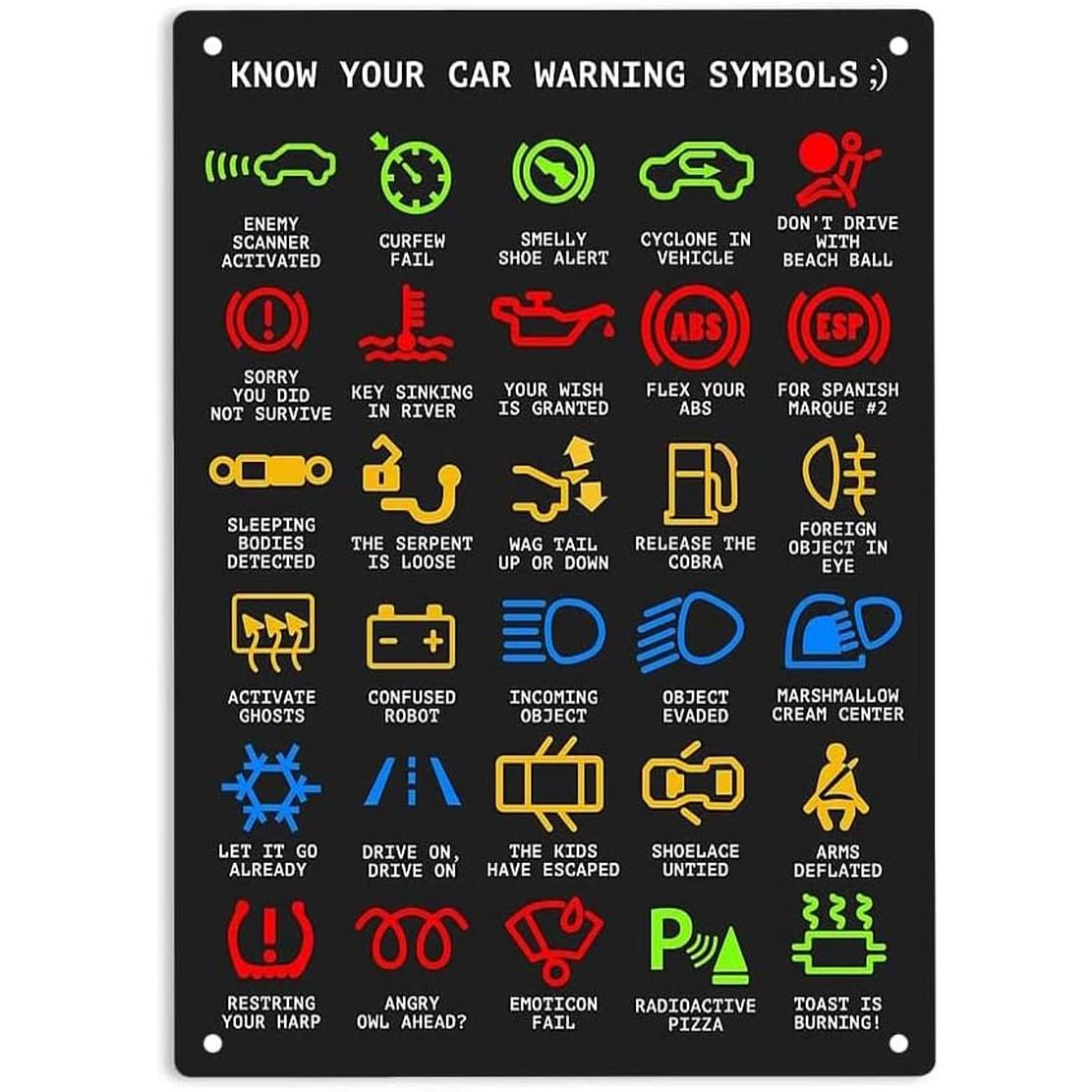 

Know Your Car Warning Lights Mechanics Funny Sarcastic Sign Metal Tin Signs Pos Workshop Decoration Warning Lights Decor Mec 20x30cm（7.8x11.8inch）
