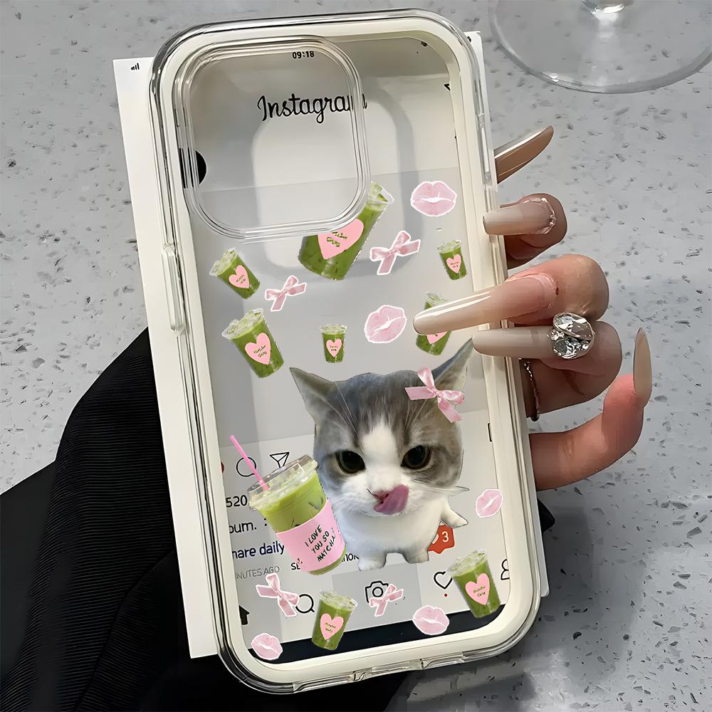 Cute Matcha Cat Pattern 2in1 Clear Phone Case For Samsung Galaxy S26 Ultra S25 S23 FE S24 S22 A57 A37 A55 A54 A36 A35 A16 Cover