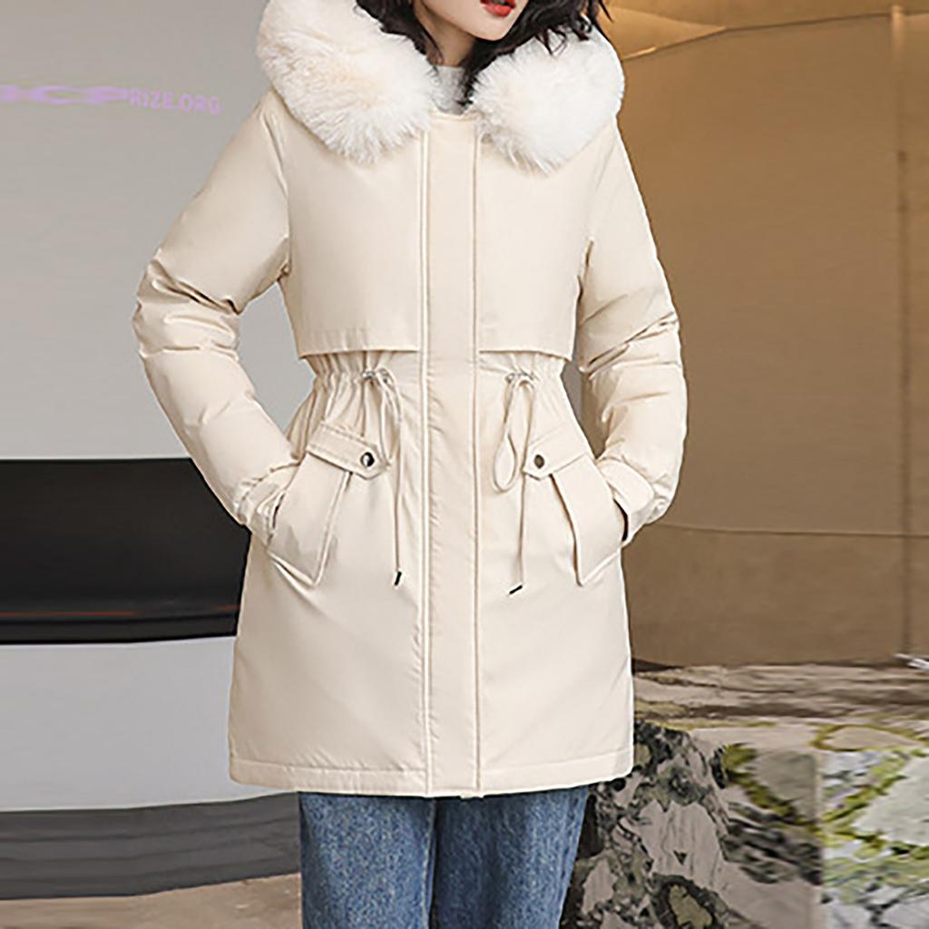 Damemote Uformell Ensfarget hette med plysj, middels lang langermet jakke med glidelåsknapp i bomull