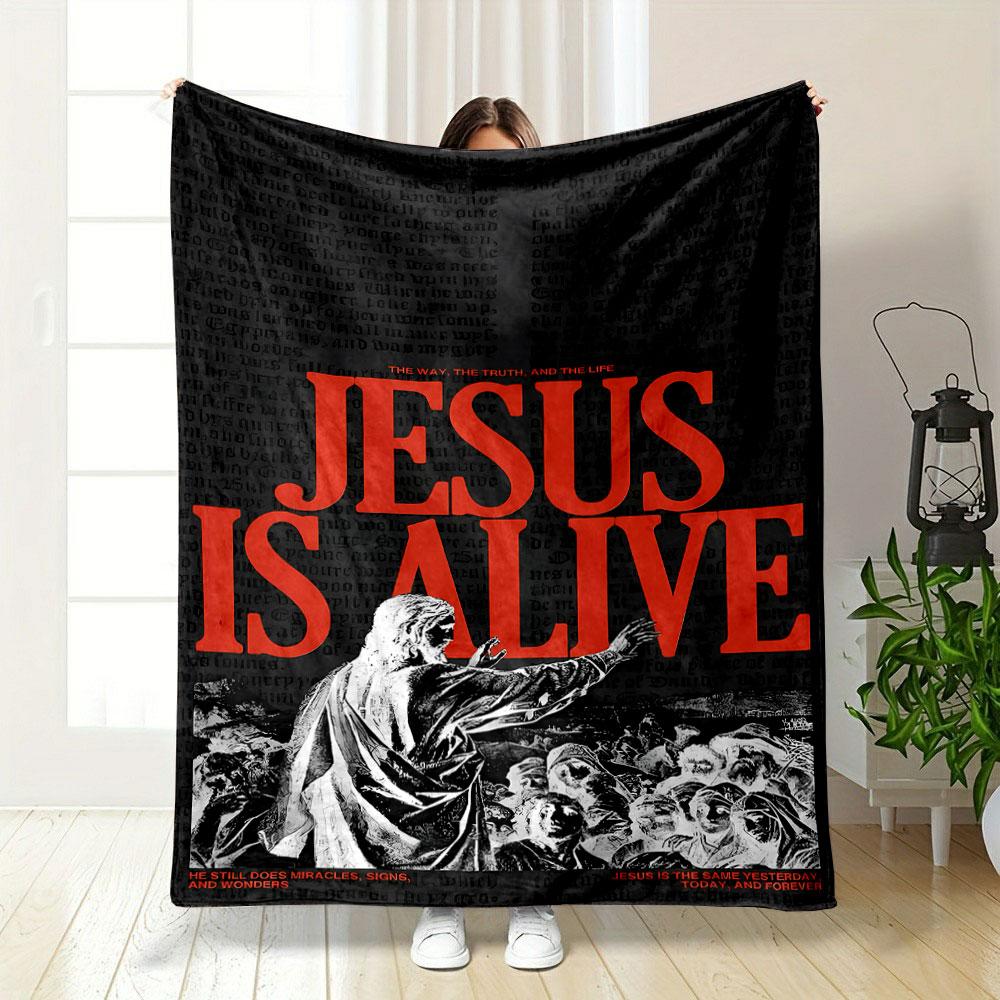 Jesus, Blanket, Religious Jesus Print, Dark Backdrop, Bold Lettering Printed Blanket for Living Room Bed Couch Lunch Break Blanket for Festival Gift