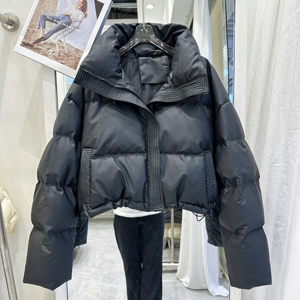 Women's Stand Collar Long Sleeve Cropped Jacket Loose Fit Casual Puffer Coat Winter Warm Outerwear