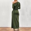 Fashion Women's Clothing New Army Green Temperament Dress Waist Slim-fitting Hip-wrapped Pleated Slanted Shoulder Collar Knitted Medium and Long Dress
