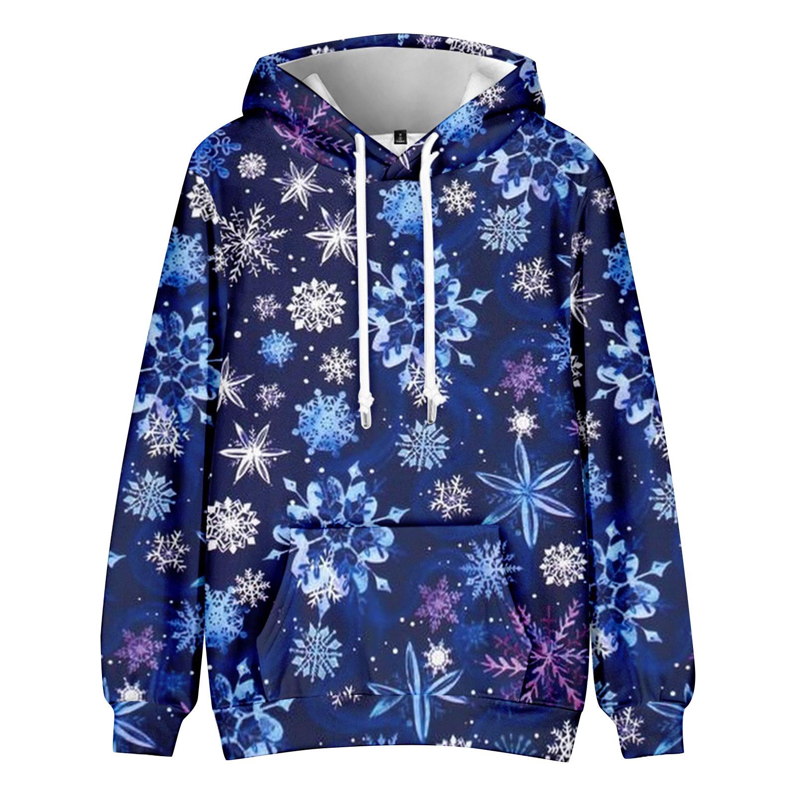 Рождественский модный принт свободный мужской и женский свитер с капюшоном и длинными рукавами M синий 1945₽