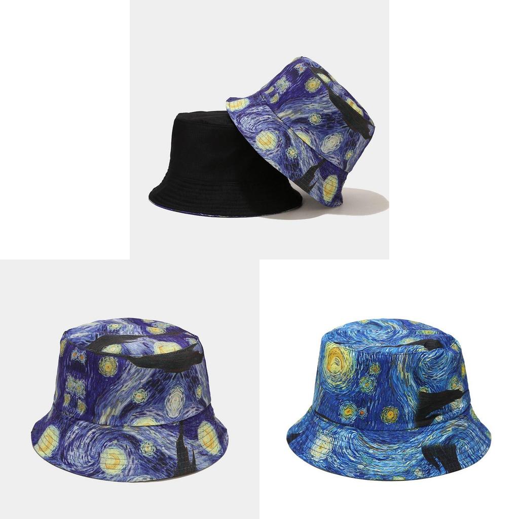 Sun Protection Fisherman Hat With Starry Night Oil Print Design For Outdoor Sunshade In Summer And Spring