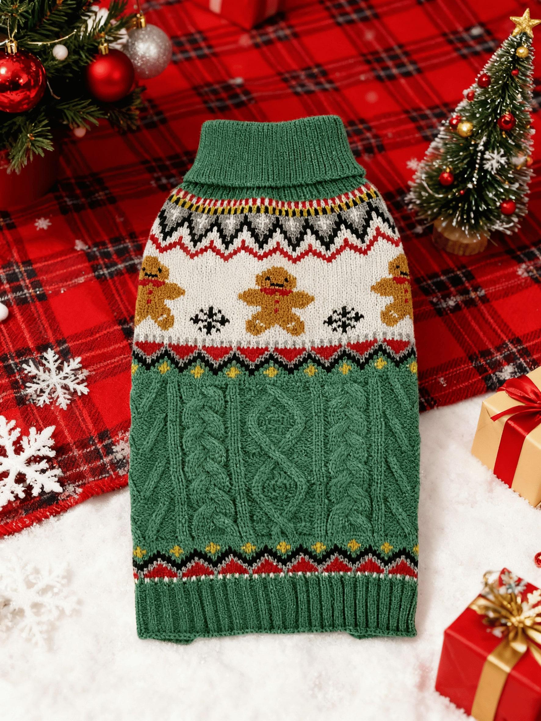 

Рождественский свитер для питомцев с принтом пряничного человечка и оленя, красно-зеленый, теплая одежда для маленьких собак и кошек на осень/зиму S зелёный