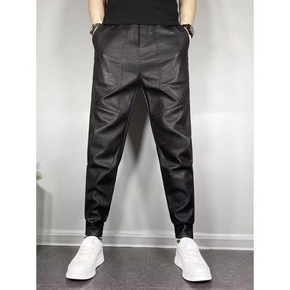 Men's Trendy Casual Elastic Slim-Fit Leather Motorcycle Harem Pants with Multi-Pockets for Fall/Winter.