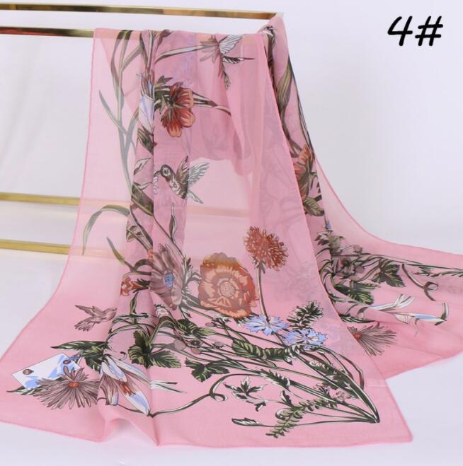 Chiffon Floral Elegant Scarves Silk Scarf Fashion Women Flower Printed Long Soft Wrap Scarf Simulation Silk Shawl Beach Scarf