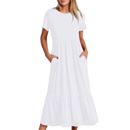 Abito estivo da donna maniche corte girocollo orlo ampio plissettato linea ad A tasche lunghezza a metà polpaccio abbigliamento femminile vestito estivo svolazzante