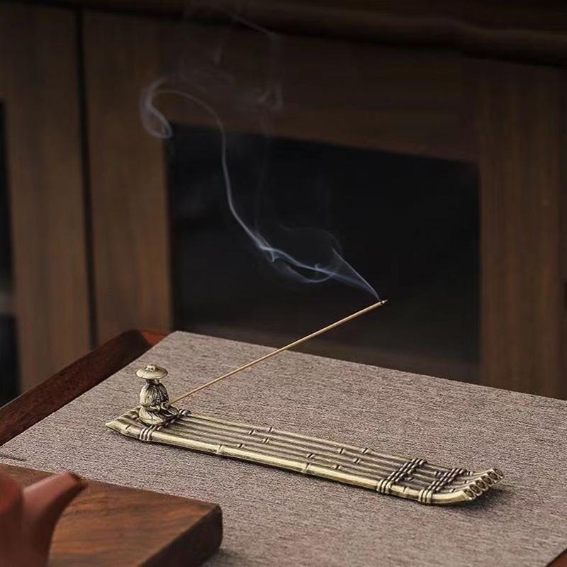 1Pc Vintage Bronze Small Incense Burners Ornaments Bamboo Raft Incense Base Incense Stick Holder Stand Tray Ash Catcher Plate