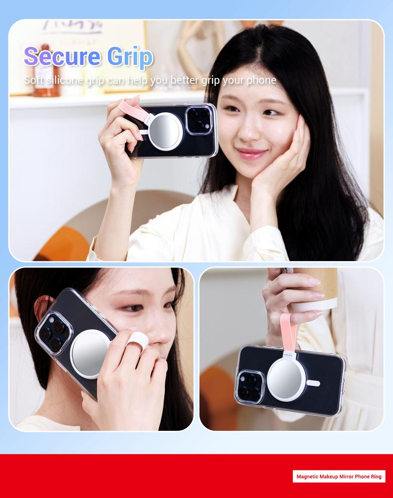 Magnetic Makeup Mirror Phone Ring Holder Selfie Mirror Magsafe with Anti-drop Grip for iPhone 15 14 13 12 for Makeup Vlog Stream