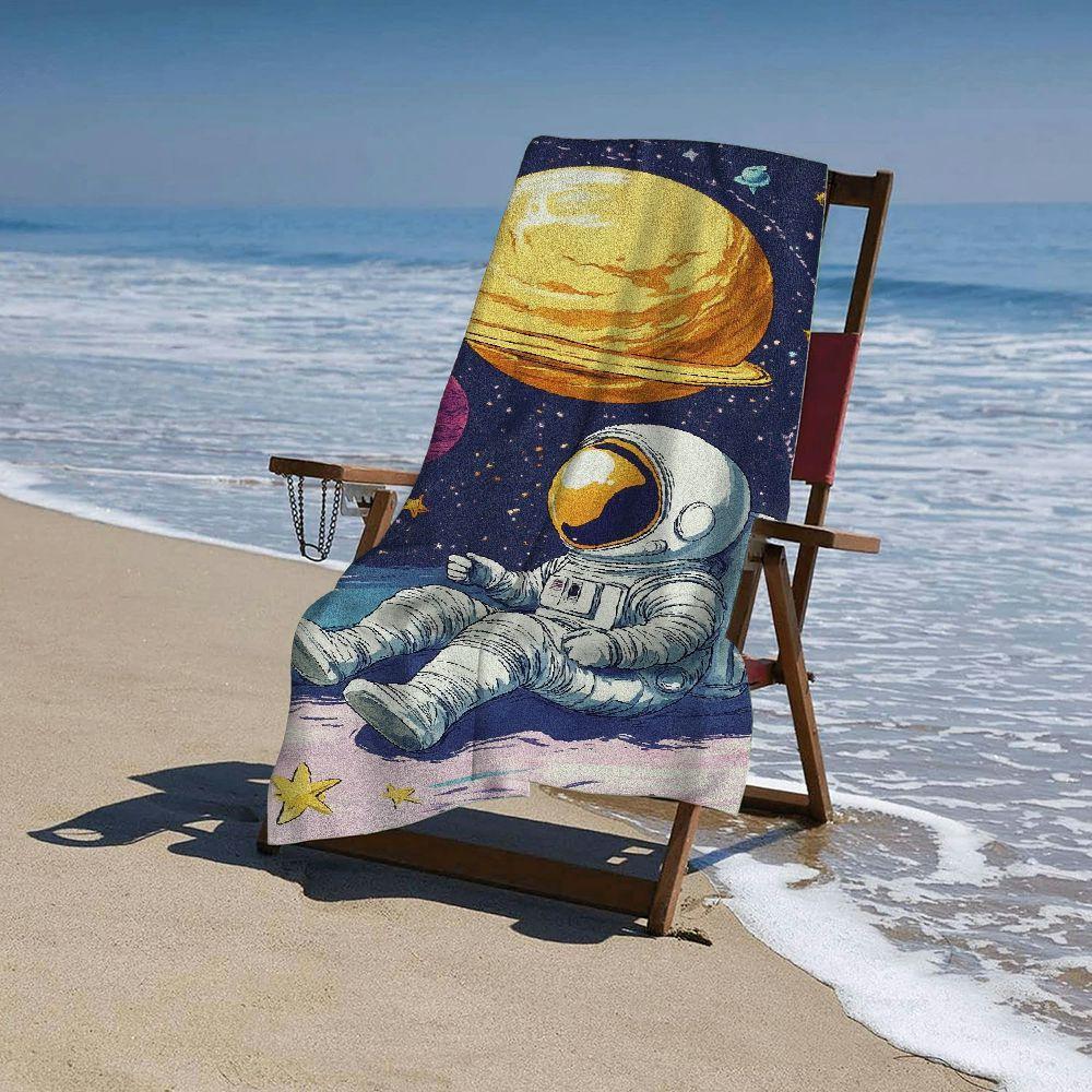 Ultra miękki ręcznik plażowy z mikrofibry z motywem kreskówkowego astronauty - Szybkoschnący, Super chłonny i Lekki do podróży, Pływania,