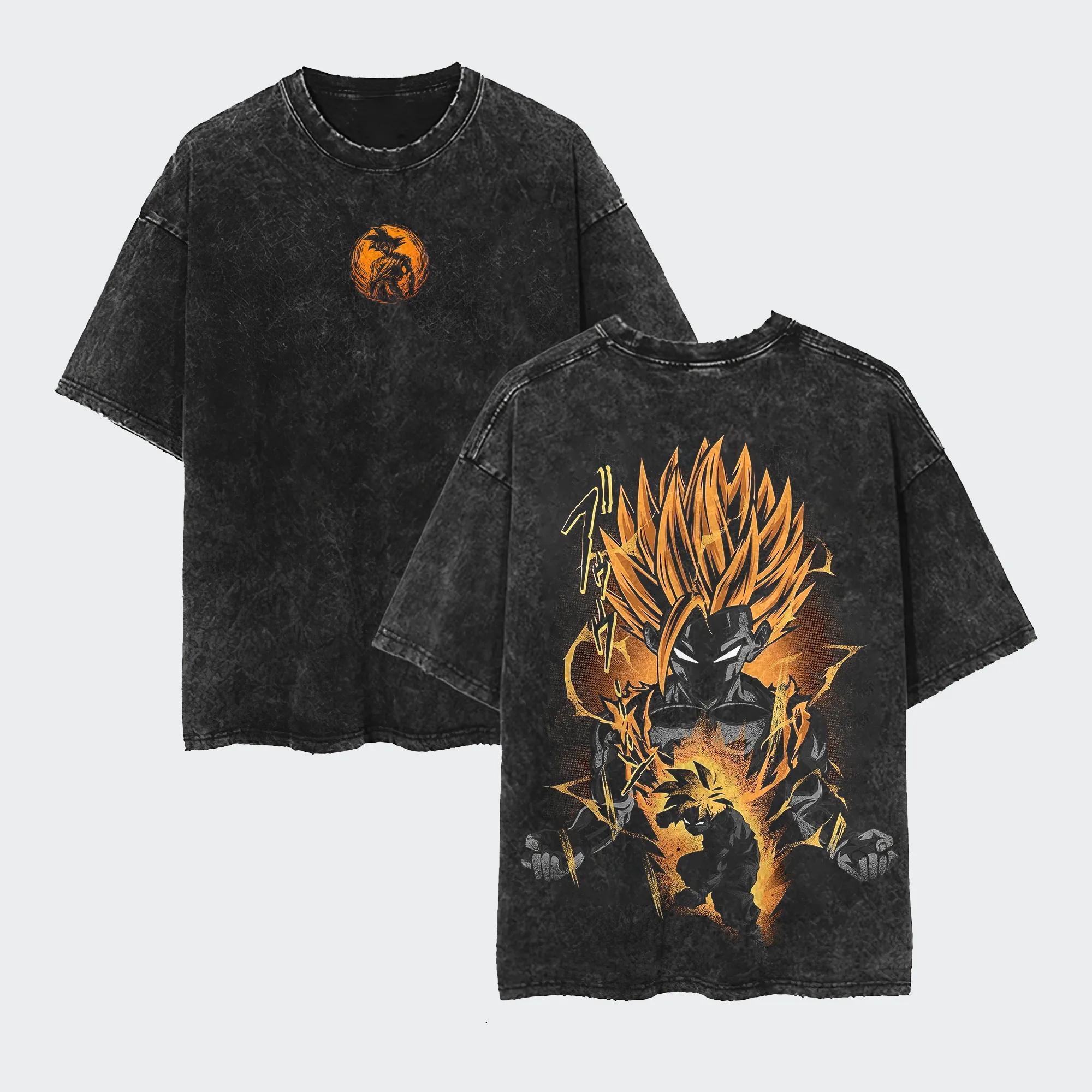 

Goku T Shirt Men Acid Wash Oversized Anime Orange Sun Silhouette Cotton Vintage Gym Streetwear Graphic Back DBZ Manga Top Tee M