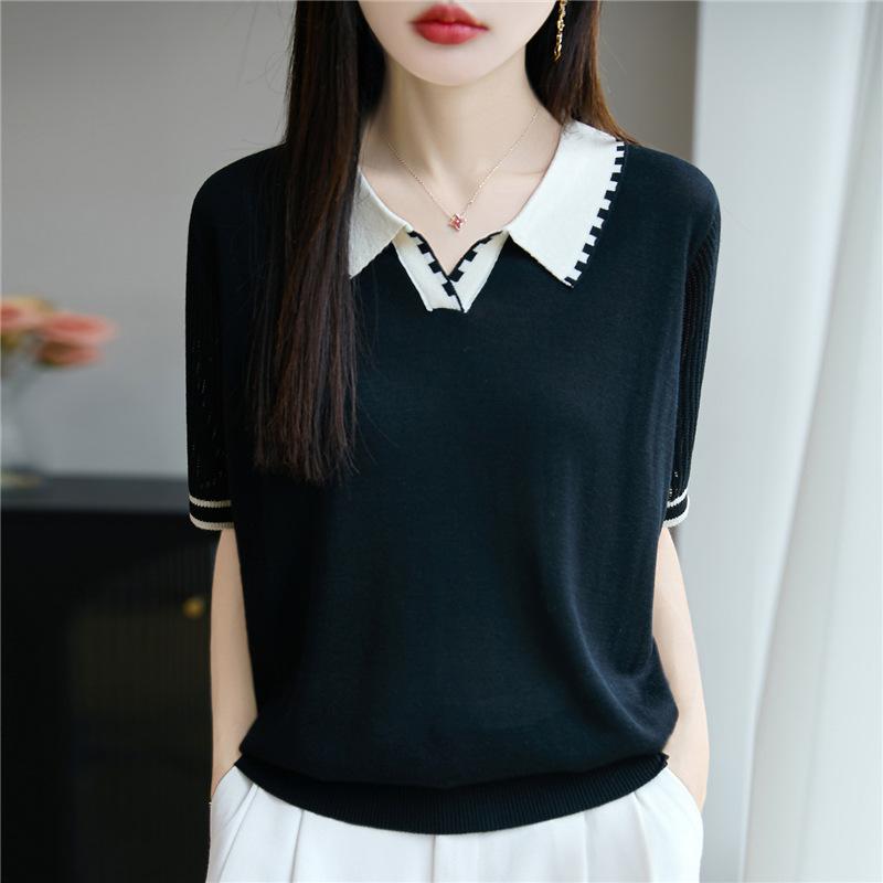Womens Contrast Collar Short Sleeve Knit Blouse