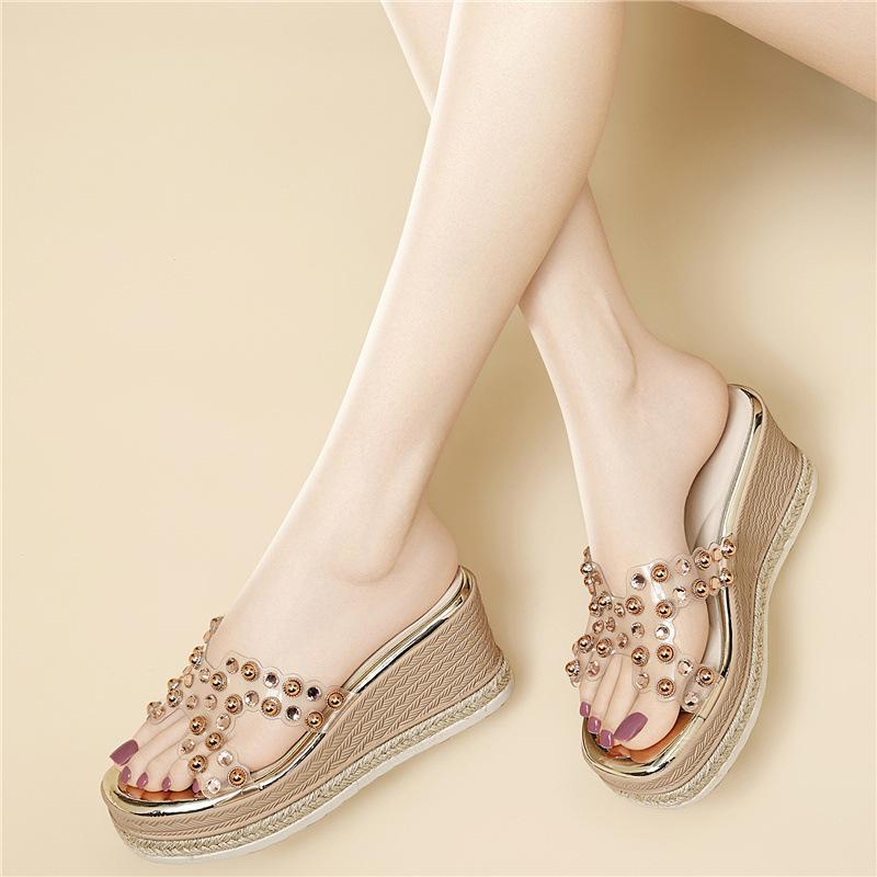 Leichter Luxus Strass Plateau-Sandalen Hausschuhe Dicksohlige High-End-Schuhe Damen Sommerkleidung Sandalen Lässig und Bequem Vielseitig