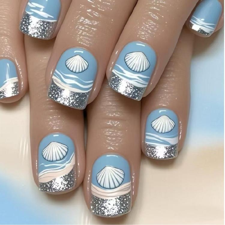 

Square French Tips Fake Nail Glues On Nail Glitters Stick On Nail Sea Shells Press On Nail Artificial False Nail Women 1