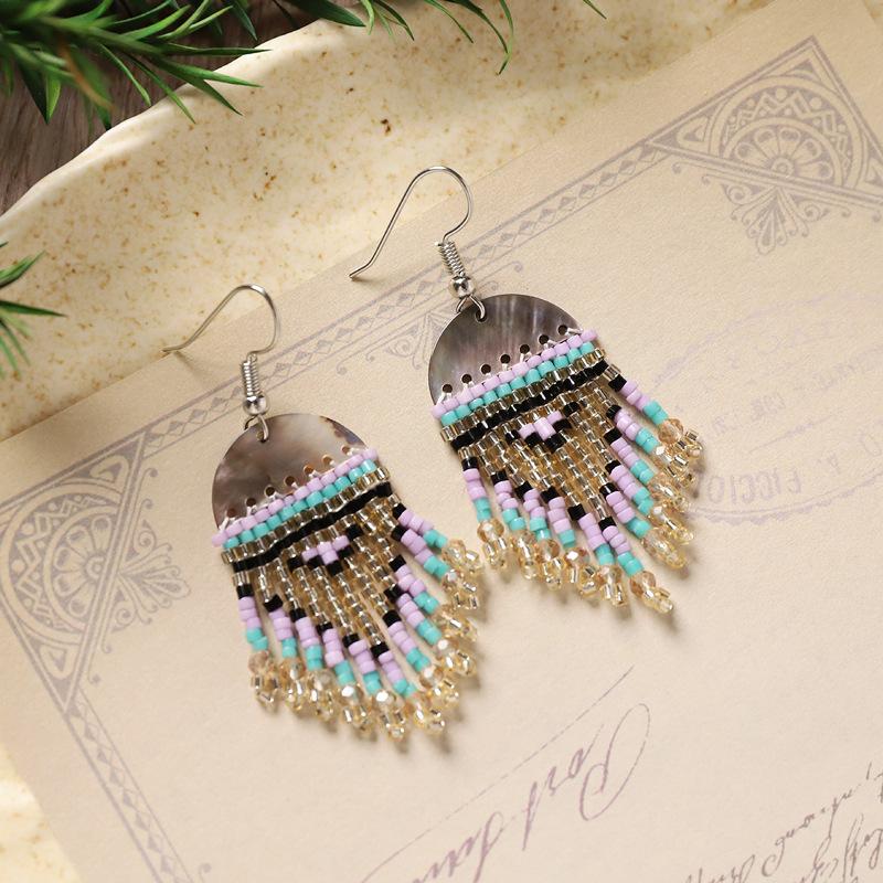 Niche design handmade shell rice bead earrings retro high-end bohemian women's ear jewelry
