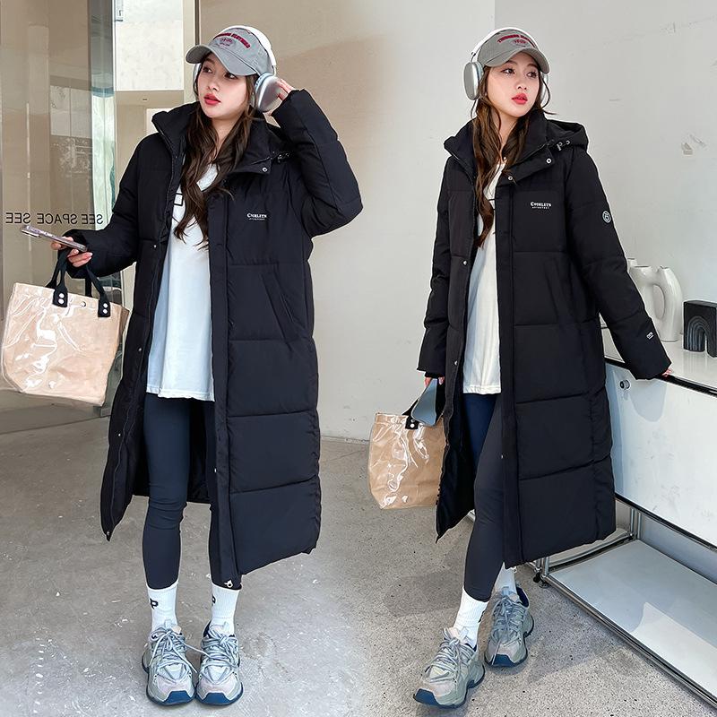 Women's Winter Mid-length Cotton-padded Jacket with Hood and Knee-length Loose Fit