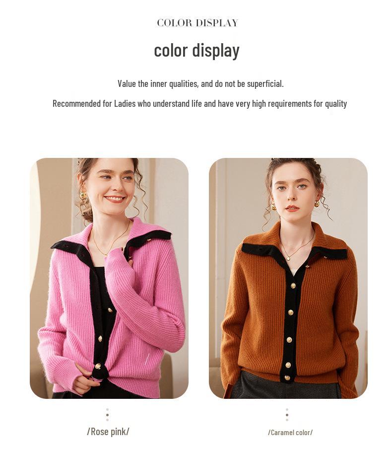 Women's Cashmere Knit Color-Block Polo Cardigan with Split Cuffs and Long Sleeves