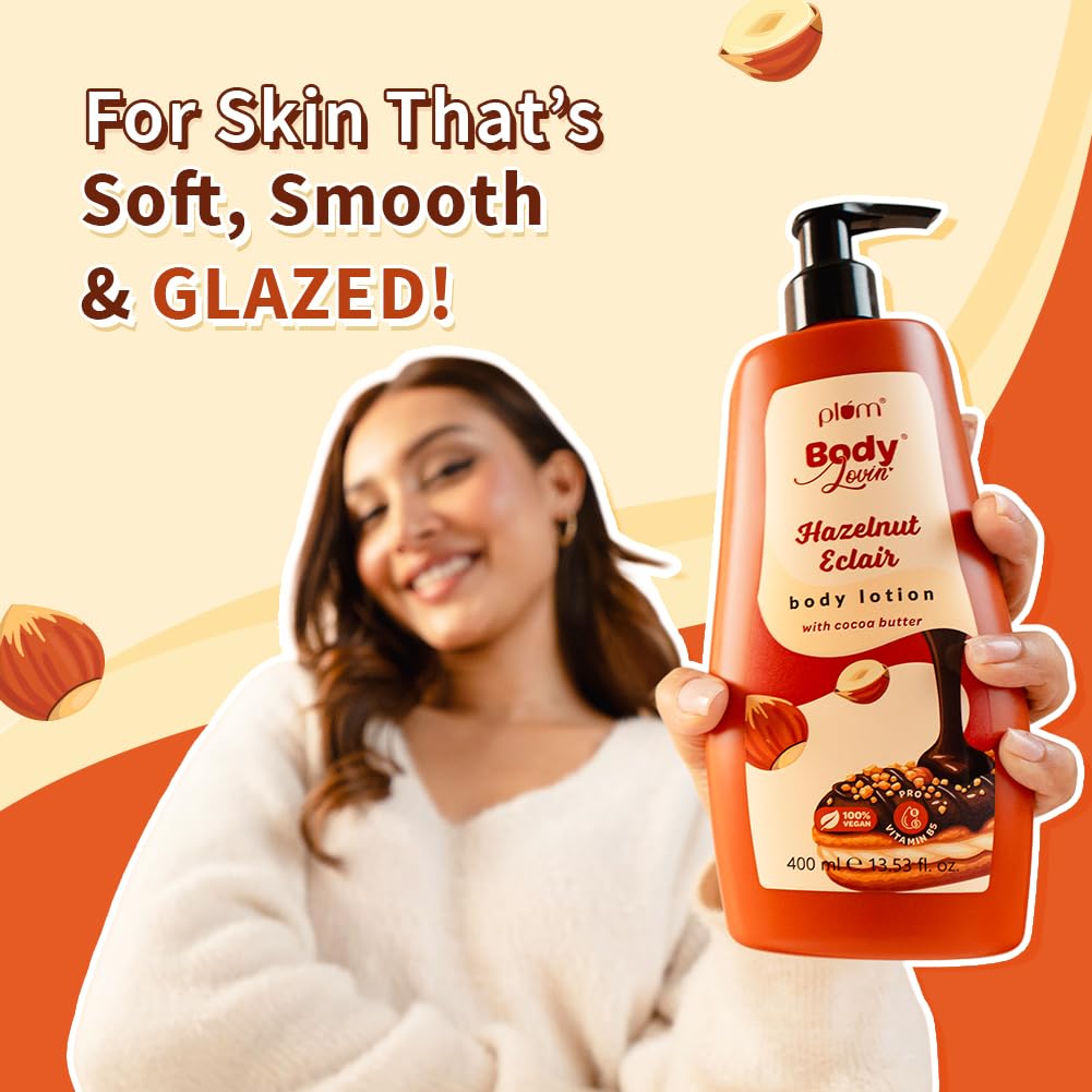 Plum BodyLovin' Eclair alla Nocciola Lozione Corpo 400ml Confezione da 1 per Idratazione Profonda Pelle Morbida Liscia Non Grassa