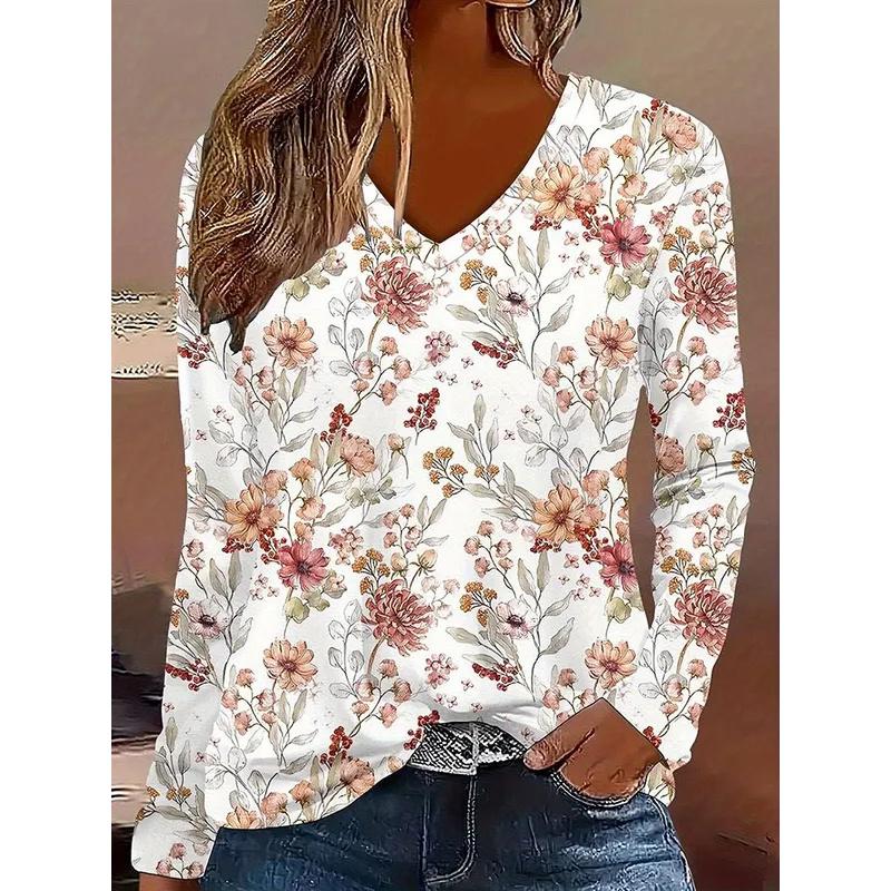 2025 Women's T-Shirts Florals Graphics Plants Elegant Fashion Tees Long Sleeve T-shirts V-Neck Regular Tops Pullover Fall Winter