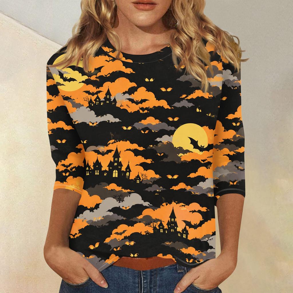 Women's Casual 3/4 Sleeve Halloween Print Round Neck Top Lightweight Comfortable Fit Seasonal Graphic Shirt