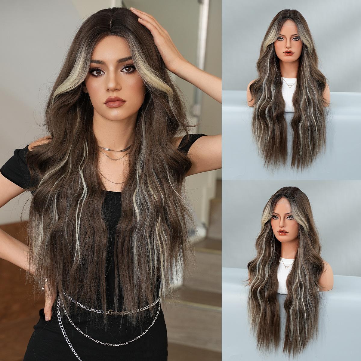 Женский парик с кружевной передней частью, центральный пробор, большие волны, полный парик, модный синтетический длинный волнистый парик с мелированием